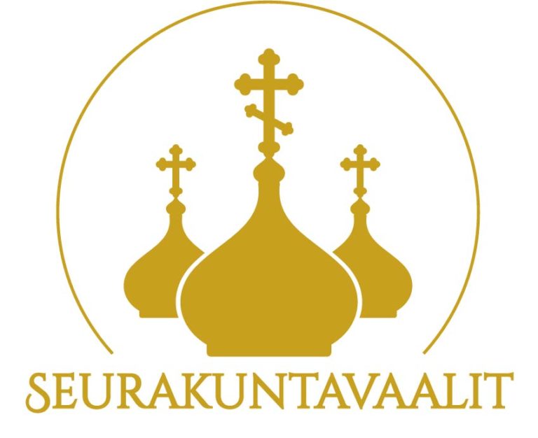 Helsingin ortodoksisen seurakunnan logo, jossa kolme kullanväristä kirkon kupolia.
