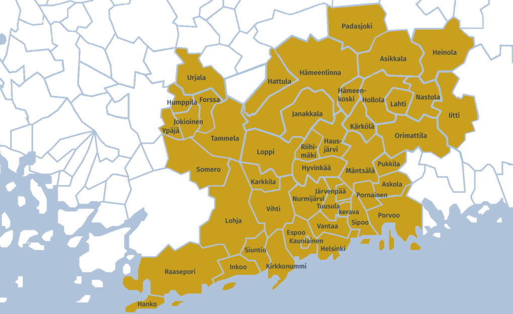 Helsingin ortodoksiseen seurakuntaan kuuluvat kunnat piirretyllä kartalla.